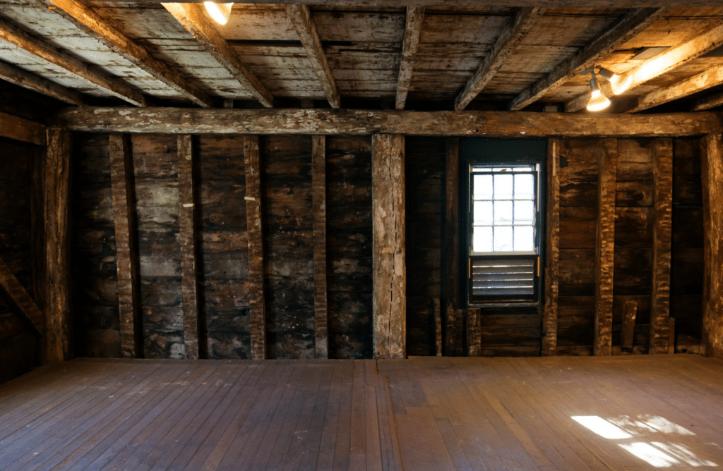 This image depicts the interior of the Gedney House in Salem, Massachusetts, showcasing its exposed wooden frame, a hallmark of First Period architecture. The rough-hewn timber beams, visible wall studs, and original flooring offer a rare and authentic glimpse into 17th-century construction techniques. Natural light filters through a single window, highlighting the aged wood's texture and craftsmanship. The unfinished state of the interior serves as an educational tool, allowing visitors to better understand the structure's historical integrity and the preservation efforts by Historic New England.