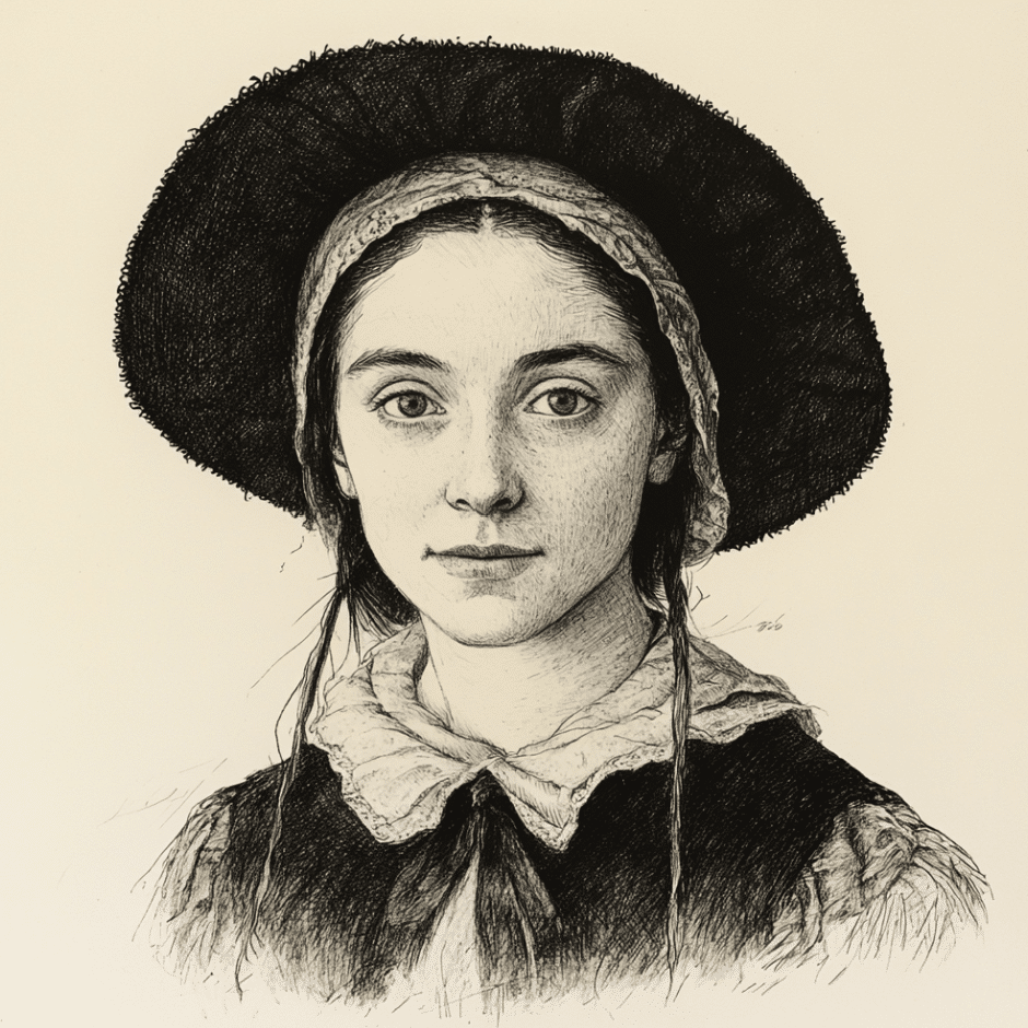 A black-and-white illustration of a young woman wearing traditional 17th-century Puritan attire. She has a solemn expression, with delicate features framed by a bonnet and a lace-trimmed collar. Her calm gaze is directed at the viewer, evoking a sense of historical poignancy.
