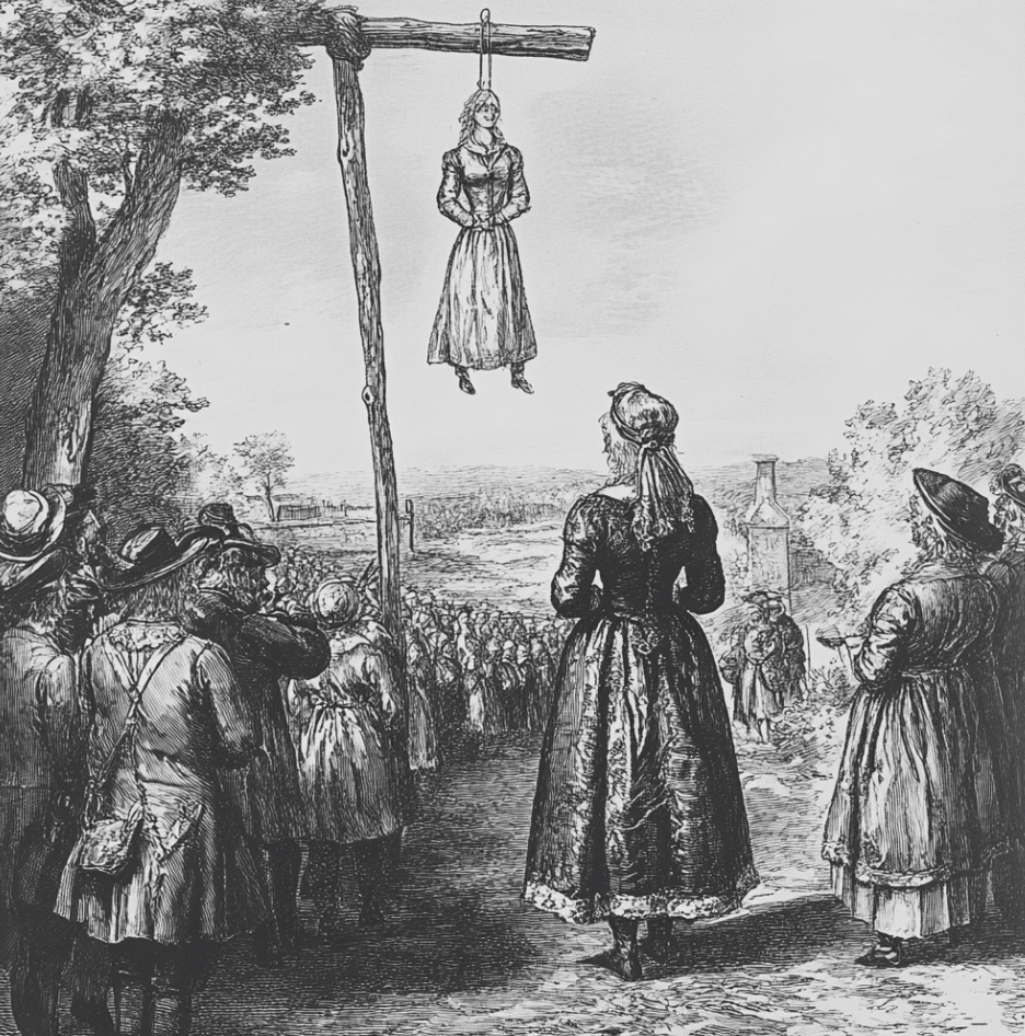 A black-and-white illustration depicting a public execution during the Salem witch trials. A woman is shown hanging from a wooden gallows as a crowd of onlookers gathers around, dressed in 17th-century attire. The atmosphere is somber, with some figures standing in quiet reflection while others observe with a mix of solemnity and curiosity. The rural background emphasizes the isolation and gravity of the event.
