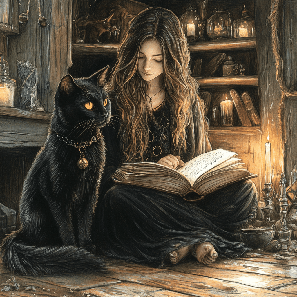 A detailed colored pencil illustration of a witch sitting on a wooden floor, engrossed in an open book of spells resting on her lap. Beside her, a regal black cat with glowing amber eyes and a decorative collar sits upright, exuding an air of wisdom and protection. Shelves filled with magical artifacts, glowing candles, and jars create a warm, mystical ambiance, highlighting the deep bond between the witch and her familiar.