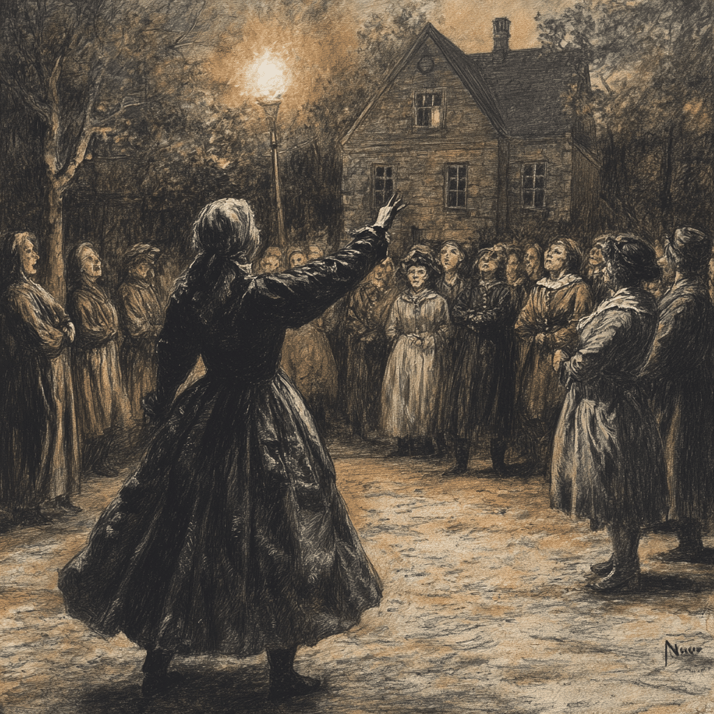 A dramatic depiction of a woman in 17th-century attire addressing a gathered crowd at night, illuminated by a torchlight near a colonial-style house. The image reflects the atmosphere of suspicion and public gatherings during the Salem Witch Trials era.