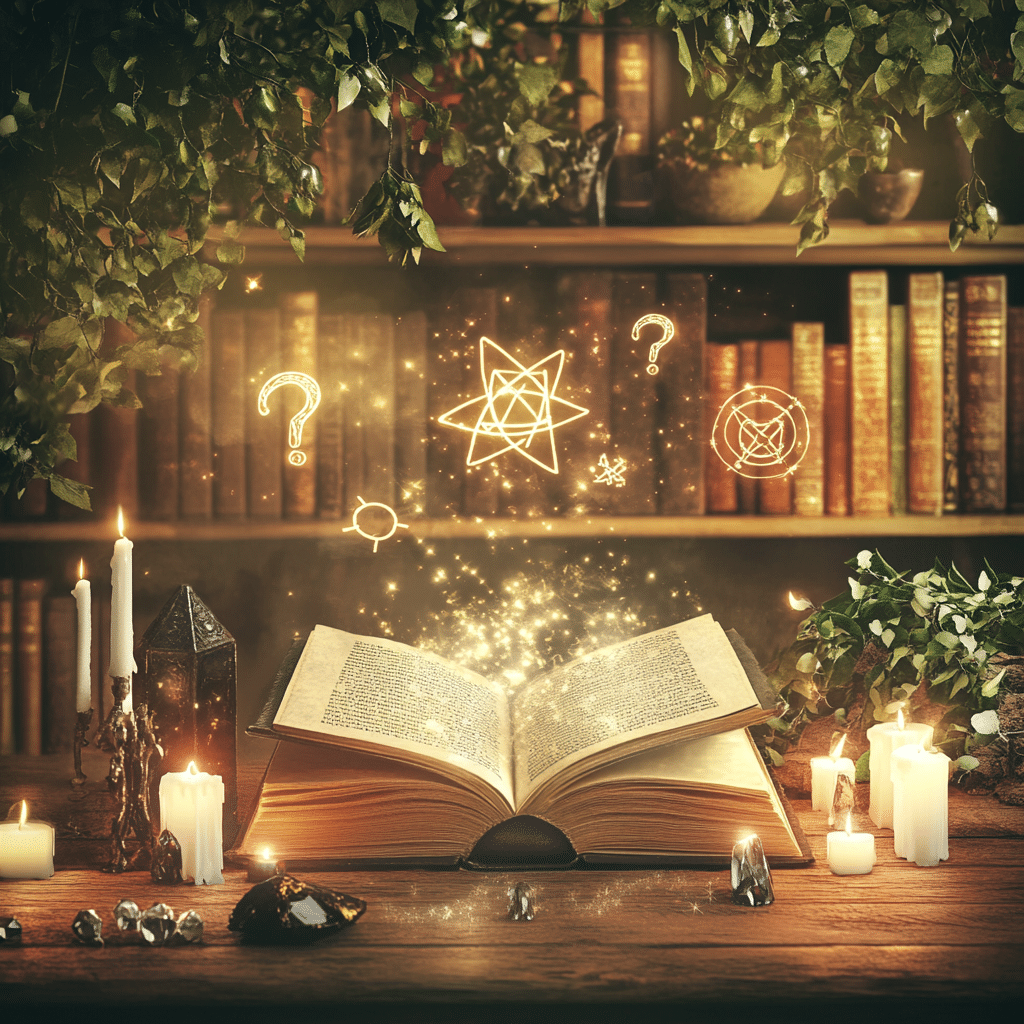 A magical and inviting scene featuring an open book on a wooden table, with glowing symbols and question marks floating above it, representing curiosity and exploration of Wiccan protection symbols. The table is adorned with lit candles, crystals, and a dark, reflective gemstone, creating a mystical atmosphere. In the background, a bookshelf filled with ancient tomes and greenery enhances the setting, symbolizing knowledge and connection to nature. Soft golden light illuminates the space, with sparkling particles rising from the book, evoking a sense of wonder and the pursuit of understanding Wiccan practices and symbols.