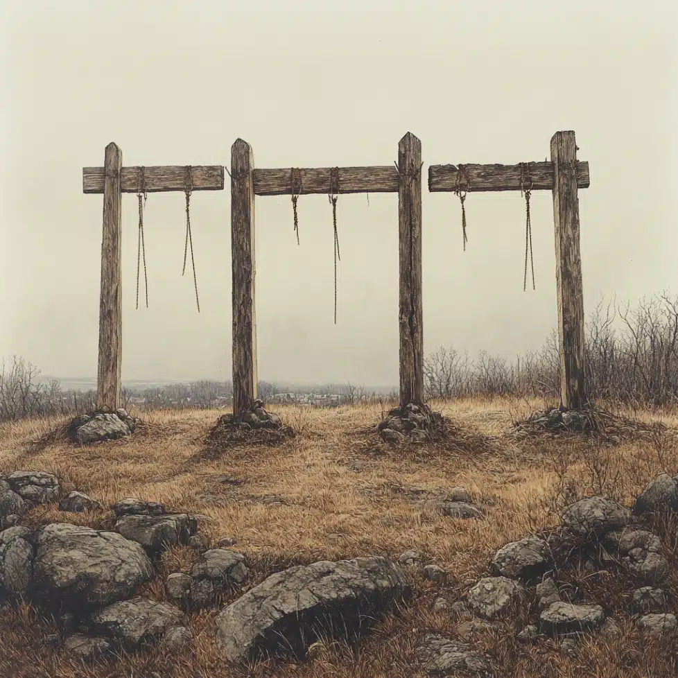 A haunting image of four empty wooden gallows standing atop a desolate hill, with frayed ropes hanging loosely from each beam. The scene is bleak, with dry grass, scattered rocks, and leafless trees lining the horizon under an overcast sky. In the distance, faint outlines of a town can be seen, suggesting the proximity to a small colonial settlement. The absence of people adds to the solemn and eerie atmosphere, symbolizing the grim legacy of the Salem Witch Trials and the tragic executions that took place. The image serves as a powerful reminder of the fear and injustice that gripped the region in 1692.