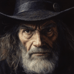 Close-up illustration of an older man with piercing eyes, a long white beard, and a weathered face. He wears a dark, wide-brimmed hat adorned with a decorative button. His intense expression and colonial-era attire evoke the imagery of a 17th-century figure, reminiscent of individuals associated with the Salem Witch Trials.