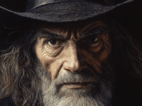 Close-up illustration of an older man with piercing eyes, a long white beard, and a weathered face. He wears a dark, wide-brimmed hat adorned with a decorative button. His intense expression and colonial-era attire evoke the imagery of a 17th-century figure, reminiscent of individuals associated with the Salem Witch Trials.