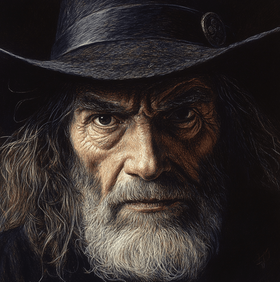 Close-up illustration of an older man with piercing eyes, a long white beard, and a weathered face. He wears a dark, wide-brimmed hat adorned with a decorative button. His intense expression and colonial-era attire evoke the imagery of a 17th-century figure, reminiscent of individuals associated with the Salem Witch Trials.