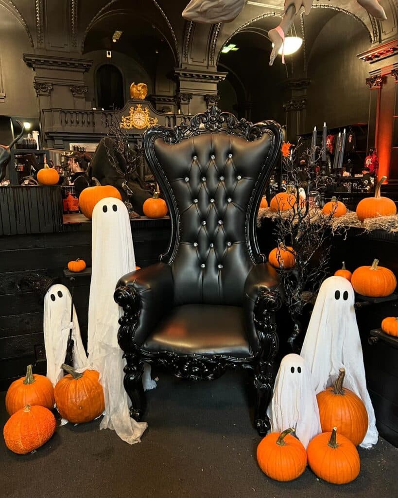 Ghostly Throne Surrounded by Pumpkins at Blackcraft Salem