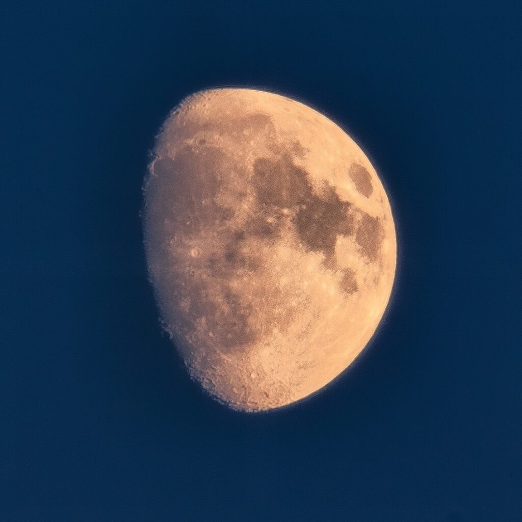 A glowing golden moon against a deep blue sky, captured over Salem, Massachusetts.