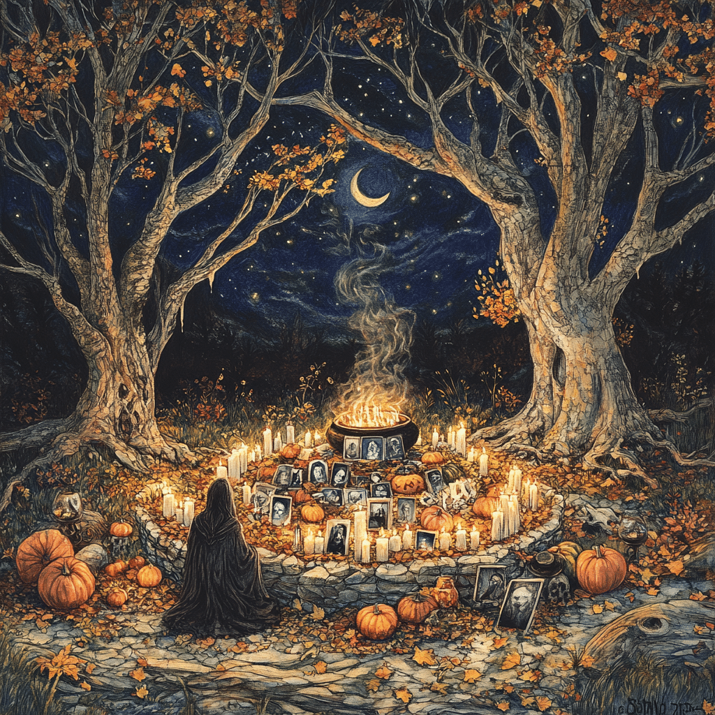 A sacred Samhain ritual depicted under a starry sky with a crescent moon. At the center of the scene is a crackling cauldron surrounded by dozens of glowing candles, casting a warm, flickering light. The altar is adorned with photographs of ancestors, pumpkins, skulls, and autumn leaves, symbolizing the honoring of those who have passed and the cycle of death and rebirth. A cloaked figure kneels solemnly before the altar, deep in meditation or prayer. Bare trees with golden leaves frame the space, enhancing the mystical atmosphere. The smoke rising from the cauldron drifts into the night, representing the thinning veil between the living and the dead, creating a serene and reflective mood.