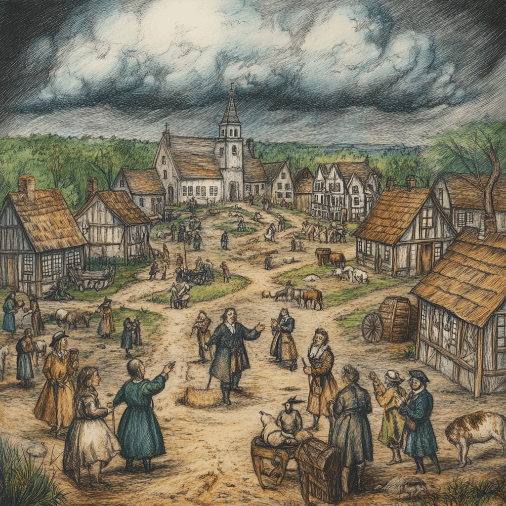 A depiction of a 17th-century Puritan village in Salem, Massachusetts, showcasing a bustling town square with timber-framed houses, livestock, and townspeople dressed in traditional clothing. In the foreground, villagers engage in heated arguments, pointing fingers and gesturing with frustration, symbolizing the growing tensions over property, money, and personal disputes. Others gather in small groups, observing or chatting. A prominent church stands in the background, highlighting the central role of religion in the community. Overhead, dark, ominous clouds loom, reflecting the fear and suspicion that fueled the Salem Witch Trials, creating an atmosphere of unease and foreboding.