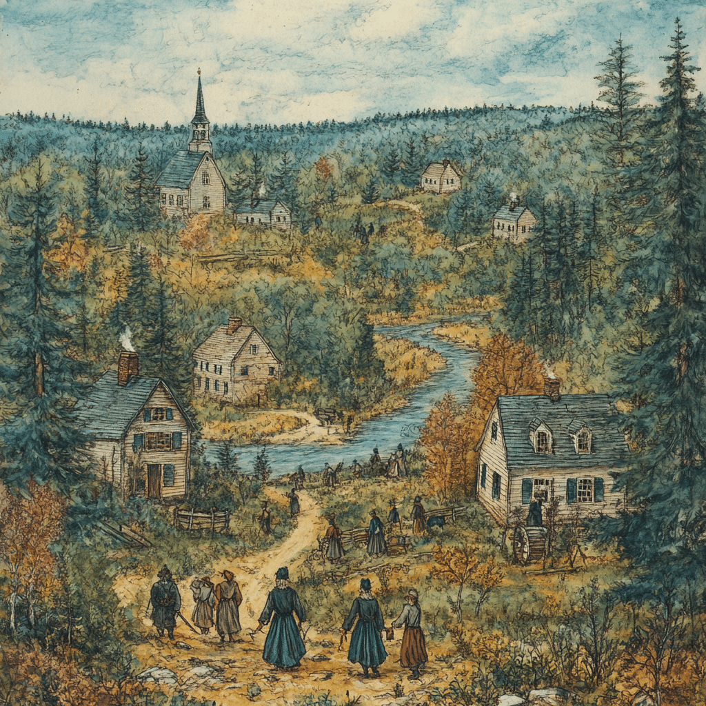 This colored pencil-style illustration depicts early Salem, originally known as Naumkeag, with simple wooden homes scattered along a winding river surrounded by dense autumnal forest. Settlers in modest 17th-century clothing walk along dirt paths, some tending to daily chores while others interact near a church on a hill, symbolizing their faith and community amidst the challenges of wilderness life.