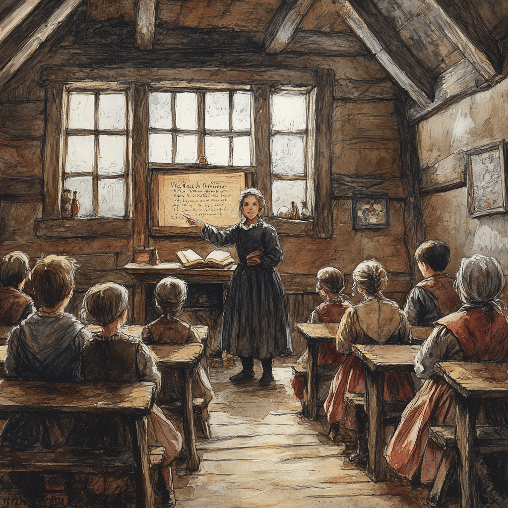 This colored pencil-style illustration depicts the interior of a one-room Puritan schoolhouse, where children sit at wooden desks attentively watching a teacher in modest clothing pointing to a religious lesson written on a board. The sun filters through small windows, illuminating the simple wooden walls and emphasizing the Puritans’ focus on education, literacy, and faith-based instruction.