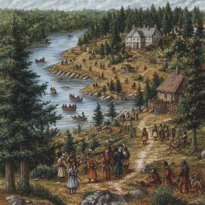 This colored pencil-style illustration depicts a New England riverside where Puritan settlers and Indigenous peoples interact. On one side, Native Americans engage in trade and teach survival skills, while settlers expand their presence with cabins and cleared land, hinting at the eventual conflicts over resources and territory.