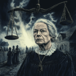 A powerful illustration of Ann Pudeator set against a dark and stormy sky, symbolizing the fear and injustice of the Salem Witch Trials. Ann, an older woman with a resolute expression, stands in the foreground wearing traditional Puritan attire. Her gaze is strong and determined, representing her courage and unwavering claim of innocence. Above her, a symbolic set of unbalanced scales looms, emphasizing the failure of justice during the trials. Behind her, a beam of light breaks through the storm clouds, illuminating a group of shadowy figures in the distance, representing other victims of the trials and the eventual acknowledgment of their innocence. The scene evokes both the tragedy of the events and the enduring lesson of standing against fear-driven injustice.