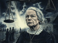 A powerful illustration of Ann Pudeator set against a dark and stormy sky, symbolizing the fear and injustice of the Salem Witch Trials. Ann, an older woman with a resolute expression, stands in the foreground wearing traditional Puritan attire. Her gaze is strong and determined, representing her courage and unwavering claim of innocence. Above her, a symbolic set of unbalanced scales looms, emphasizing the failure of justice during the trials. Behind her, a beam of light breaks through the storm clouds, illuminating a group of shadowy figures in the distance, representing other victims of the trials and the eventual acknowledgment of their innocence. The scene evokes both the tragedy of the events and the enduring lesson of standing against fear-driven injustice.