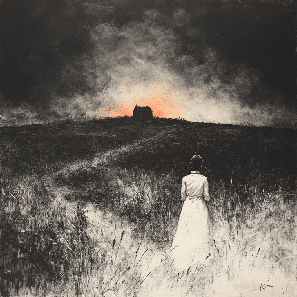 A charcoal drawing depicts a solitary figure standing in a grassy field under a dark, turbulent sky, gazing toward a distant house silhouetted against a faint orange glow on the horizon. The figure's white dress contrasts with the surrounding shadows, evoking a sense of isolation and foreboding in the bleak landscape.