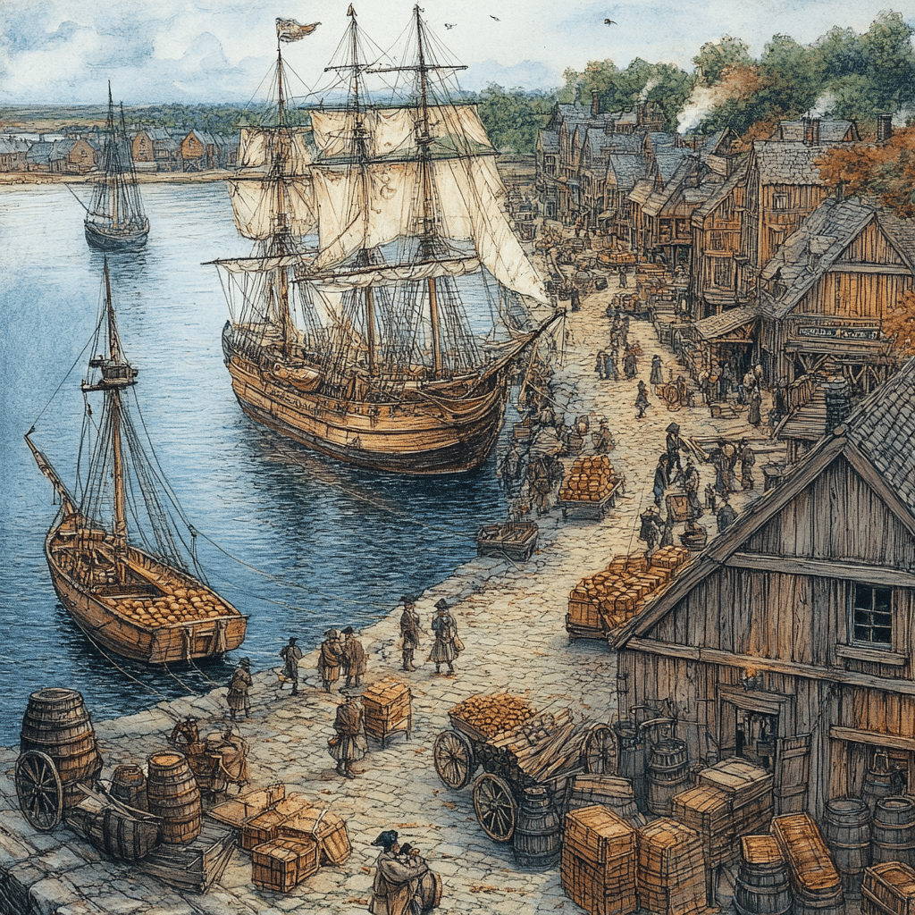 This colored pencil-style illustration captures the bustling harbor of late 1600s Salem, with large wooden ships docked along the shoreline as workers load and unload crates, barrels, and goods. Merchants and sailors move through the busy cobblestone streets lined with warehouses and shops, showcasing Salem’s thriving maritime trade with Europe, the West Indies, and other colonies.