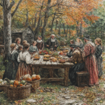 This colored pencil-style illustration shows Puritans gathered outdoors around a wooden table, bowing their heads in prayer before a meal of fruits, vegetables, and bread, symbolizing gratitude for a successful harvest. The vibrant autumn foliage and baskets of produce emphasize the simplicity and faith-centered focus of their thanksgiving tradition.