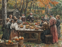 This colored pencil-style illustration shows Puritans gathered outdoors around a wooden table, bowing their heads in prayer before a meal of fruits, vegetables, and bread, symbolizing gratitude for a successful harvest. The vibrant autumn foliage and baskets of produce emphasize the simplicity and faith-centered focus of their thanksgiving tradition.