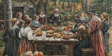 This colored pencil-style illustration shows Puritans gathered outdoors around a wooden table, bowing their heads in prayer before a meal of fruits, vegetables, and bread, symbolizing gratitude for a successful harvest. The vibrant autumn foliage and baskets of produce emphasize the simplicity and faith-centered focus of their thanksgiving tradition.