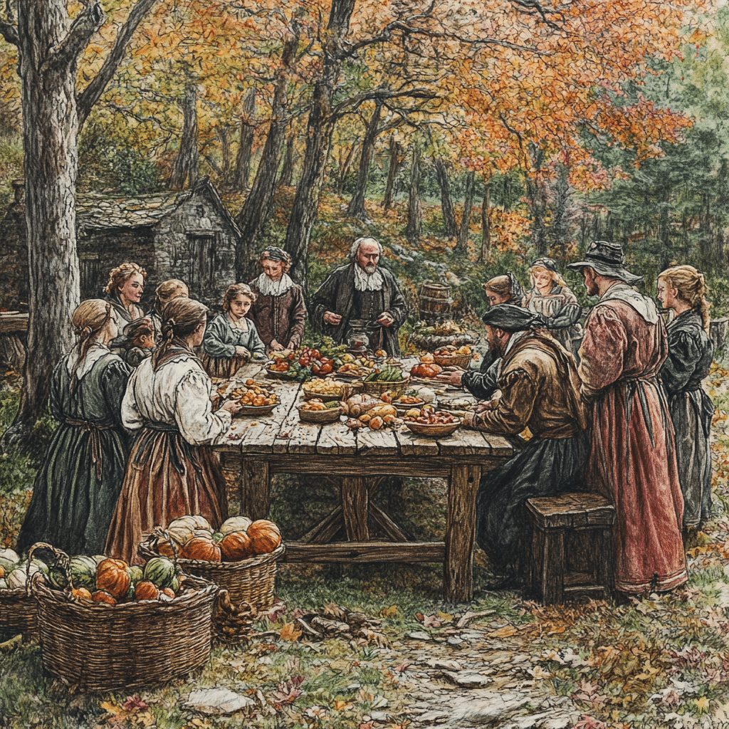 This colored pencil-style illustration shows Puritans gathered outdoors around a wooden table, bowing their heads in prayer before a meal of fruits, vegetables, and bread, symbolizing gratitude for a successful harvest. The vibrant autumn foliage and baskets of produce emphasize the simplicity and faith-centered focus of their thanksgiving tradition.