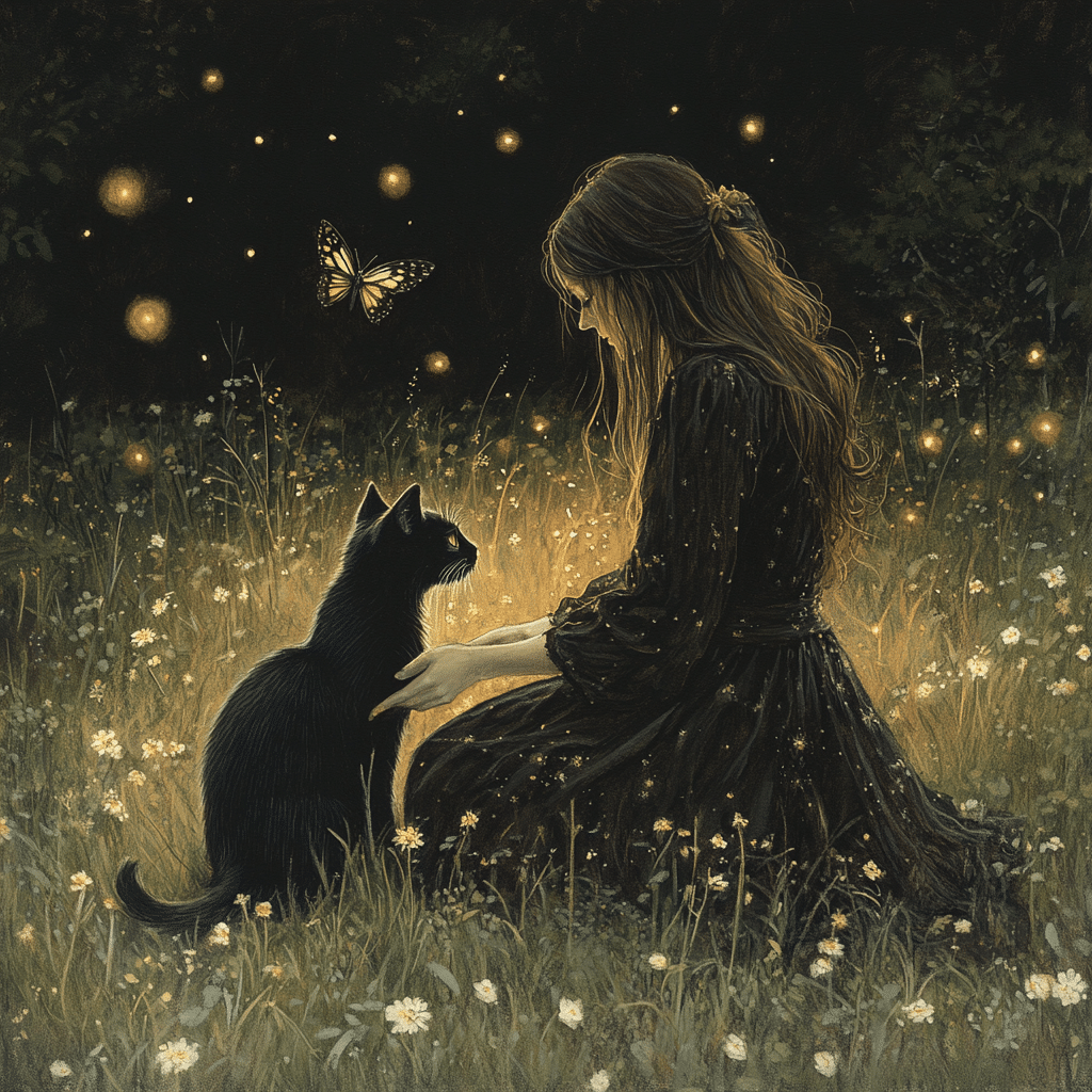 A serene illustration of a witch sitting in a moonlit meadow, gently placing her hand on a black cat that gazes at her with quiet understanding. Fireflies and a glowing butterfly surround them, symbolizing the magical connection between humans, animals, and nature.