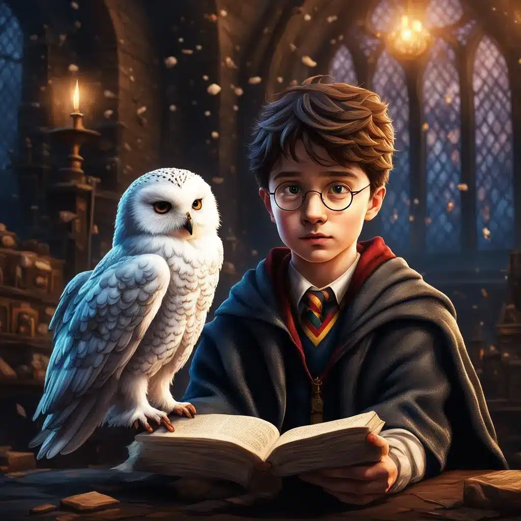 A detailed illustration of Harry Potter seated in a dimly lit, magical study with tall arched windows glowing softly in the background. He wears his Hogwarts robes and Gryffindor tie, holding an open book in his hands, while Hedwig, his snowy white owl, perches beside him, gazing intently. The intricate details of the room, the warm candlelight, and the scattered floating embers create an enchanting and iconic atmosphere.