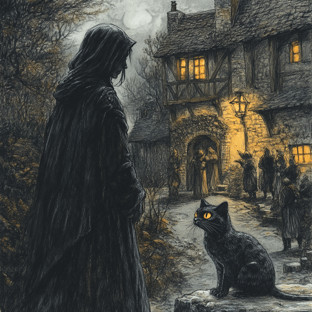 A dark, atmospheric illustration of a hooded figure standing in a shadowy village square, illuminated faintly by a crescent moon. A black cat with glowing yellow eyes sits on a stone wall in the foreground, while distant townsfolk gather near a warmly lit cottage, pointing and whispering ominously.