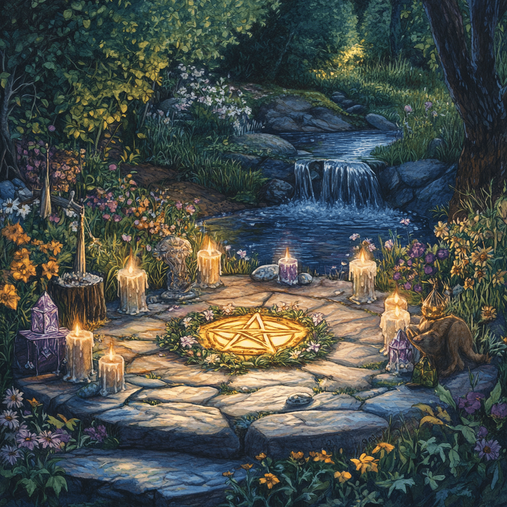 A magical outdoor scene featuring a glowing pentacle placed at the center of a stone circle surrounded by vibrant flowers and flickering candles. The setting is nestled in a lush, tranquil forest with a gently flowing stream and a small waterfall in the background, adding a serene, mystical atmosphere. The pentacle is adorned with a wreath of greenery, symbolizing harmony with nature, while the candles create an enchanting glow. The surrounding elements, including crystals, wooden tools, and a curious fox-like creature, reflect the themes of ritual, protection, and spiritual connection in Wiccan practice.