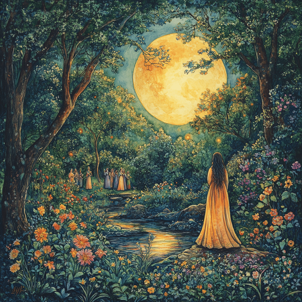 An enchanting scene set in a magical forest under the glow of a large, luminous full moon. In the foreground, a solitary figure in a flowing gown stands by a peaceful stream, gazing toward a group of women gathered in a circle in the distance, suggesting a ritual or gathering. The lush landscape is filled with vibrant wildflowers in full bloom, symbolizing the connection to nature. Soft, glowing lights float gently in the air, adding an ethereal quality to the scene. The atmosphere conveys themes of empowerment, spirituality, and unity, highlighting a connection to the divine feminine.