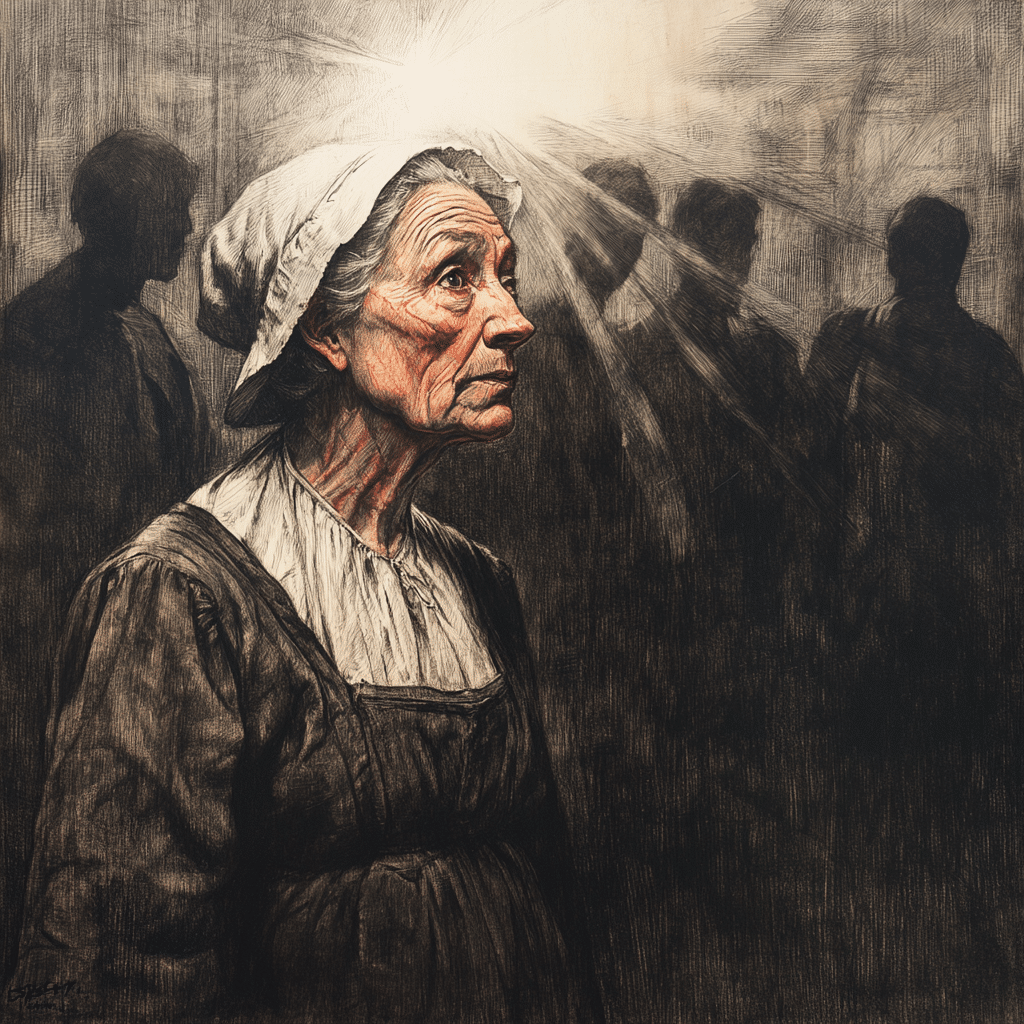 A 17th-century-style drawing of Alice Parker, a 50-year-old woman accused during the Salem Witch Trials, standing solemnly with a weary and reflective expression. Rendered in charcoal and red chalk, the artwork emphasizes her aged features, such as fine wrinkles and the soft texture of her modest Puritan attire, illuminated by a dramatic beam of light. Shadowy, indistinct figures of her accusers surround her, adding an ominous atmosphere that reflects the tension and fear of the trials.