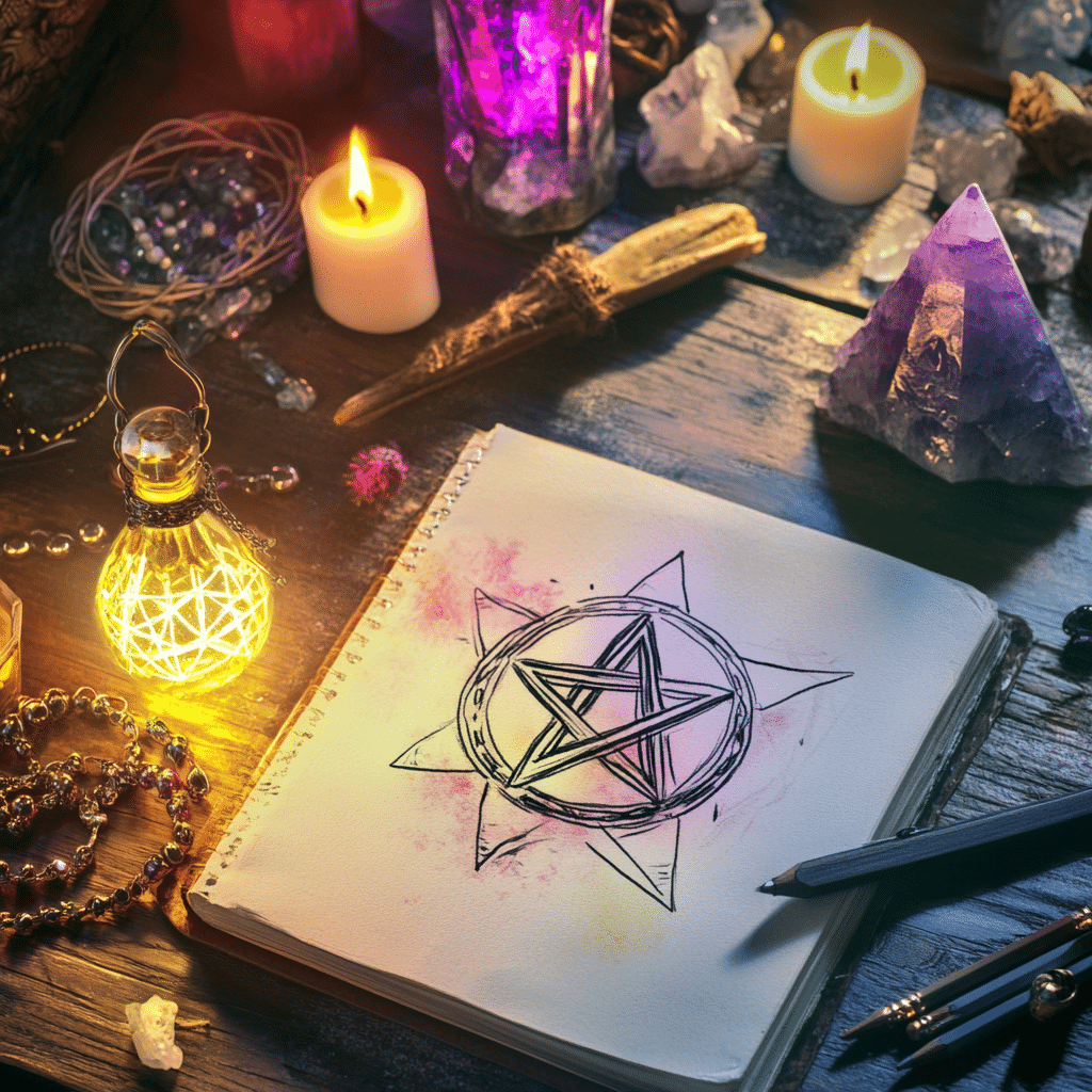 A beautifully arranged scene highlighting the versatile use of Wiccan protection symbols in daily life. At the center is a hand-drawn pentacle in a journal, surrounded by splashes of vibrant watercolor, representing the creative incorporation of symbols in art. The table is adorned with glowing candles, crystals, and a luminous potion bottle, symbolizing their use in spells and rituals. Beaded jewelry, including necklaces and bracelets, lies nearby, illustrating how protection symbols can be worn to keep their energy close. The overall atmosphere is magical and inspiring, blending creativity, intention, and spiritual practice.