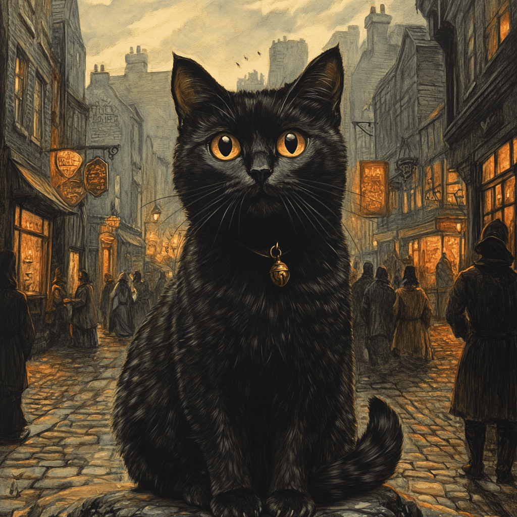 A striking illustration of a black cat with glowing golden eyes sitting prominently on a cobblestone street in Salem, Massachusetts. The cat wears a small bell on its collar, exuding an air of mystery and significance. Behind it, the bustling town is depicted with warm, glowing lights from shop windows and signs, contrasting with shadowy figures walking the streets, evoking a blend of history and modern-day magic. The atmosphere captures Salem's transformation from a place of witch trial hysteria to a modern hub of witchcraft celebration and spiritual exploration.