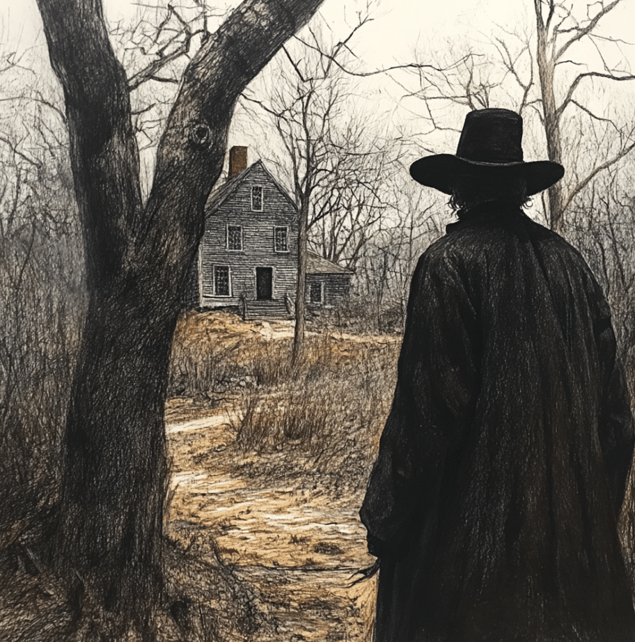 Illustration of a man dressed in 17th-century colonial attire, wearing a wide-brimmed hat and dark cloak, standing on a dirt path facing a rustic wooden house in the distance. The leafless trees and muted colors create a somber, eerie atmosphere, evoking themes of isolation and the Salem Witch Trials era.