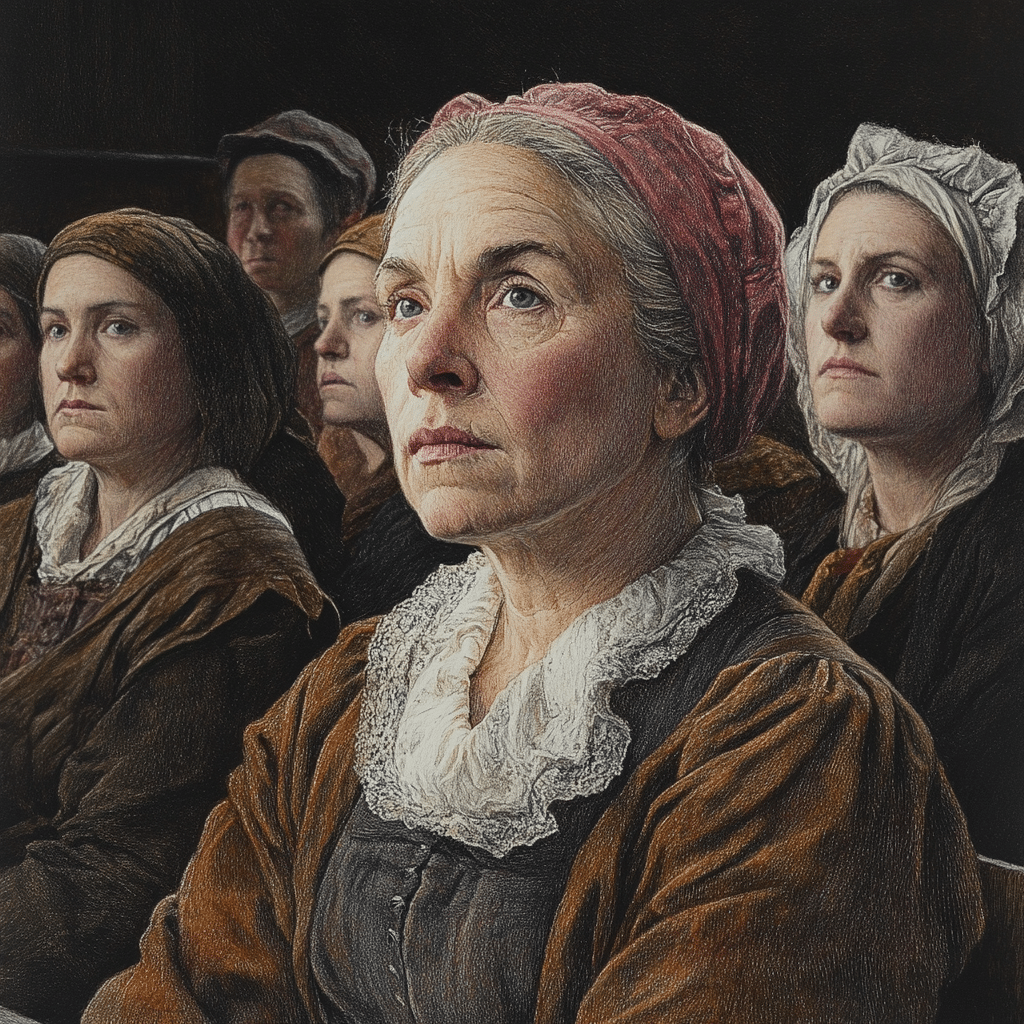A depiction of Margaret Scott, an elderly woman in 17th-century Puritan clothing, sitting attentively in a courtroom among other women during the Salem Witch Trials. Her resolute expression reflects strength and quiet defiance in the face of false accusations and impending judgment. The image highlights the somber atmosphere and the gravity of her experience as one of the victims of the trials.