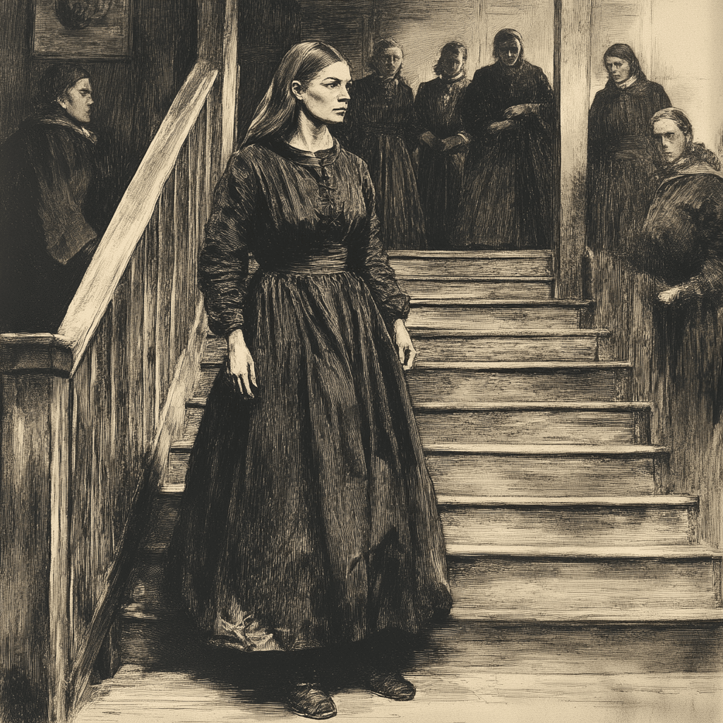 A depiction of Margaret Scott, a victim of the Salem Witch Trials, standing at the base of a staircase in 17th-century Puritan clothing. She faces forward with a resolute expression, while several women in dark attire observe her from the top of the stairs. The image reflects the isolation, suspicion, and scrutiny Margaret Scott endured during the trials.