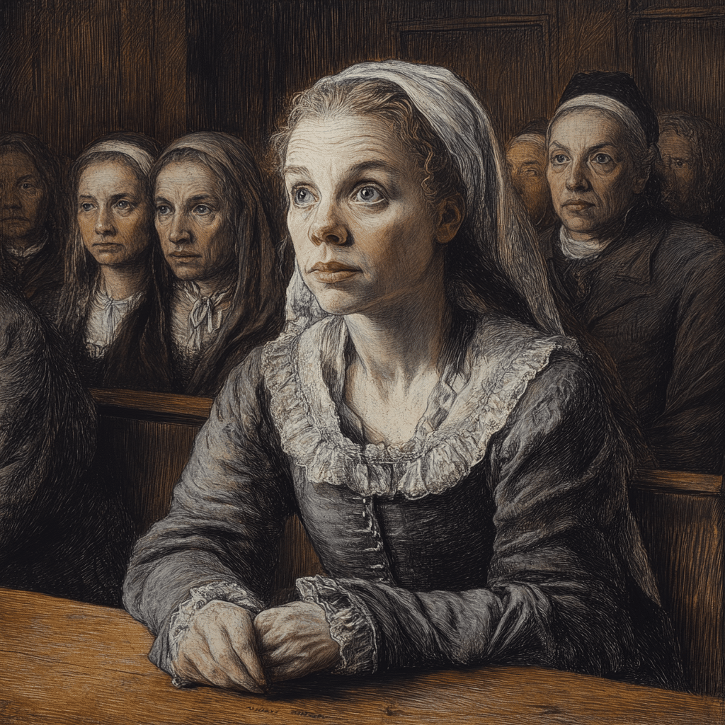 A woman in 17th-century Puritan attire sits in a courtroom with a solemn, focused expression, surrounded by others in period dress. The image reflects the tense atmosphere of the Salem Witch Trials, capturing the gravity of the proceedings and the emotional toll on those accused.