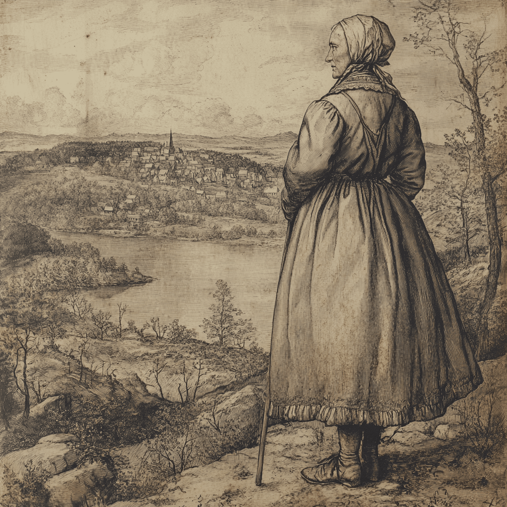 An elderly woman in 17th-century Puritan attire stands on a hillside overlooking a colonial village, holding a walking stick. The image reflects a historical scene, symbolizing Margaret Scott’s connection to the Salem Witch Trials and her life in Rowley, Massachusetts.