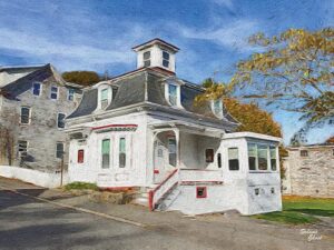 An artistic rendering of Max and Alison’s house from Hocus Pocus in Salem, Massachusetts, showcasing its white exterior with red trim, a mansard roof, and vibrant fall foliage under a sunny blue sky.