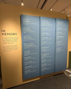 A memorial panel at the Peabody Essex Museum in Salem, Massachusetts, listing the names, dates, and causes of death of the 25 victims of the Salem Witch Trials.
