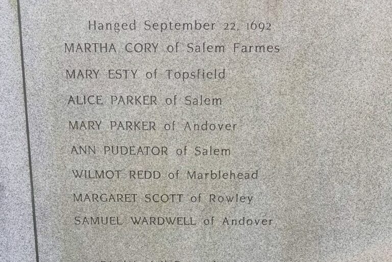 Stone memorial engraving in Salem honoring Martha Cory, Mary Esty, Alice Parker, Mary Parker, Ann Pudeator, Wilmot Redd, Margaret Scott, and Samuel Wardwell, who were executed on September 22, 1692, during the Salem witch trials.