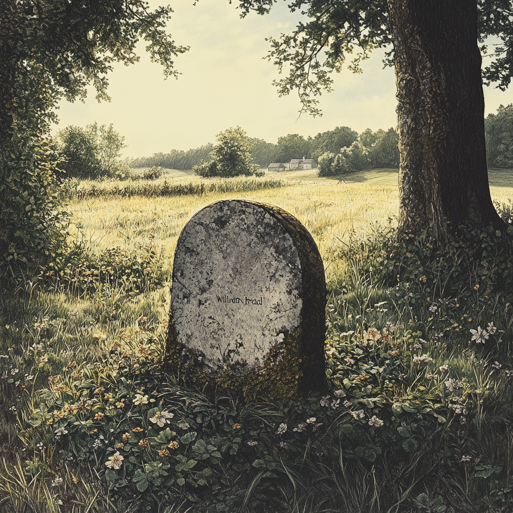 A peaceful yet somber image of an old, weathered gravestone standing alone in a sunlit field. The name "Wilmot Redd" is faintly engraved on the stone, partially covered by moss and surrounded by wildflowers and tall grass. A large tree nearby casts soft shadows over the area, creating a quiet, reflective atmosphere. In the distance, a colonial-style house or small settlement can be seen, hinting at the historical connection to the Salem Witch Trials. The scene symbolizes the long-forgotten story of Wilmot Redd, whose memory faded over time but has been rediscovered and honored in more recent years. The image evokes a sense of remembrance and the enduring legacy of those affected by the trials.