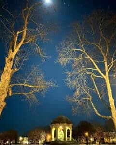 The Salem Common Bandstand in Salem, Massachusetts, glows warmly at night, with a moonlit sky above and bare trees framing the scene. A decorated Christmas tree is visible inside the bandstand, adding a festive touch.