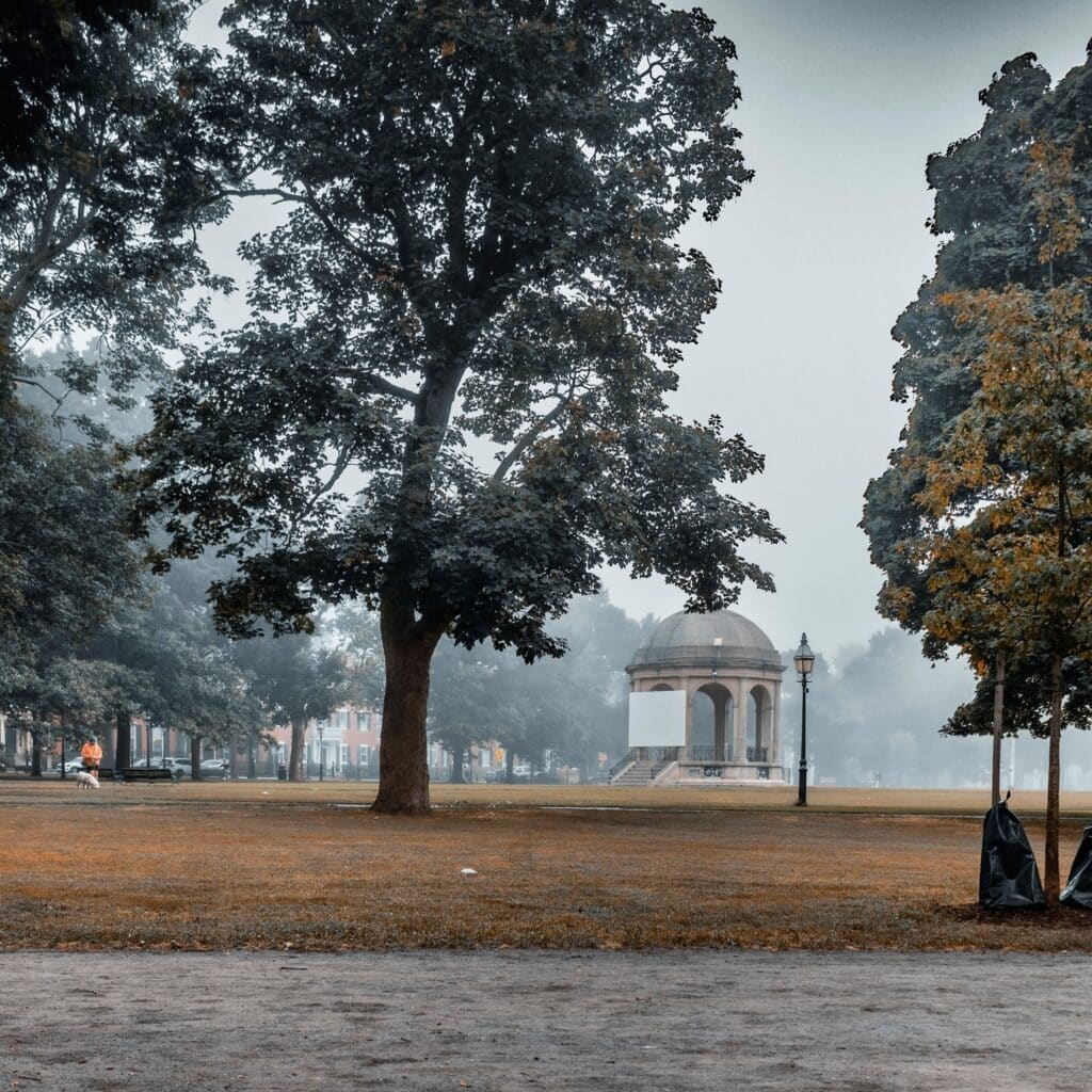 A tranquil view of the Salem Common Bandstand in Salem, Massachusetts, framed by large trees and soft autumn colors, with a light mist adding an air of calm and mystery.