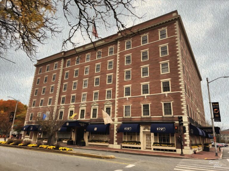 A digitally rendered artistic view of the Hawthorne Hotel in Salem, Massachusetts, showcasing its classic brick facade, navy blue awnings, and surrounding autumnal charm.