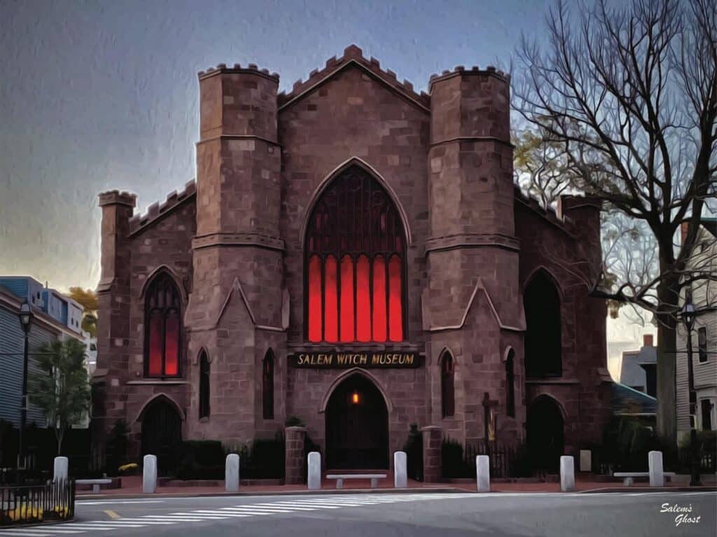An artistic portrayal of the Salem Witch Museum in Massachusetts, with its grand Gothic architecture, glowing red-lit windows, and a hauntingly beautiful evening sky.
