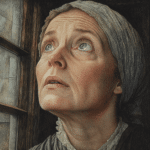 A portrait of Margaret Scott, an elderly woman in 17th-century Puritan attire, gazing out of a window with a solemn, hopeful expression. The image reflects the isolation and hardship she endured as one of the victims of the Salem Witch Trials, capturing the emotional weight of her unjust accusation and execution.