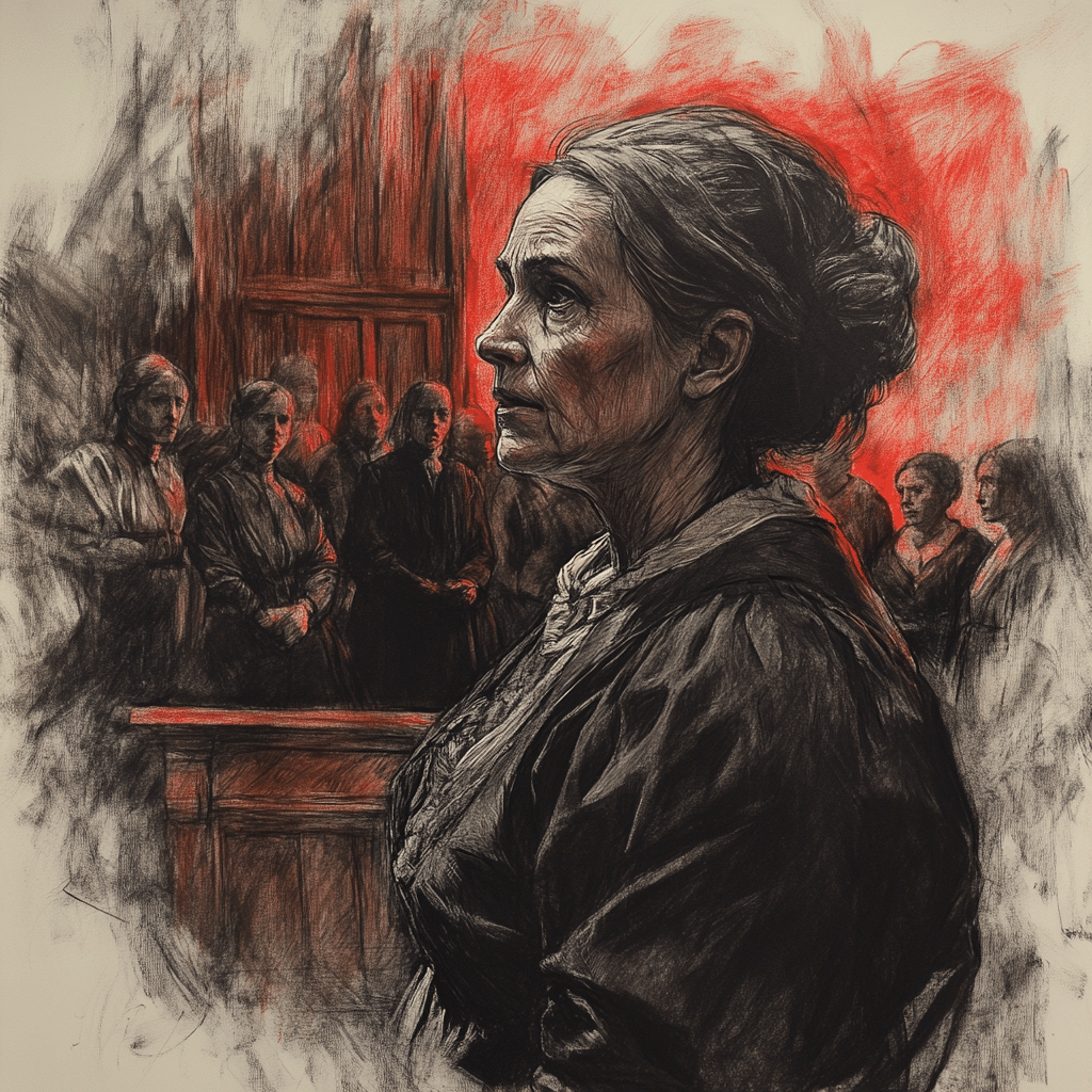A 17th-century-style drawing of Alice Parker during her Salem witchcraft trial, depicted standing in profile with a somber and resolute expression. The artwork uses charcoal and red chalk to emphasize her aged features, modest Puritan attire, and the tense atmosphere of the courtroom. Shadowy accusers and witnesses loom in the background, their faces partially obscured, while a bold red hue intensifies the scene, symbolizing the fear and accusations surrounding her. The rough textures and cross-hatched details highlight the emotional weight of her indictment and the injustice of the trials.