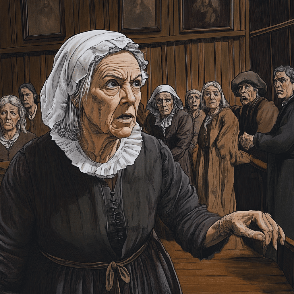 An older Ann Pudeator stands in the middle of a tense courtroom during the Salem Witch Trials. Her weathered face is lined with age and stress as she gestures with an outstretched hand, her expression a mix of defiance and frustration. She wears traditional Puritan attire, including a dark dress and a white bonnet, emphasizing her place in the 17th-century community.

Behind her, a group of townspeople, mostly older women and men, watch with a mix of suspicion and fear. Some whisper among themselves while others glare intensely, adding to the charged atmosphere. The wooden walls of the courtroom are adorned with somber portraits, amplifying the oppressive setting. The scene captures the isolation and injustice faced by Ann as an elderly woman accused of witchcraft, her resolve standing against the hysteria and prejudice of the time.