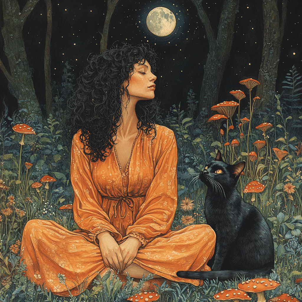 A serene and mystical illustration of a woman sitting cross-legged in a moonlit forest clearing, surrounded by vibrant red and orange mushrooms and lush greenery. Her curly black hair frames her peaceful expression, and she wears a flowing orange dress that harmonizes with the warm hues of the flora. Beside her, a sleek black cat with glowing yellow eyes gazes upwards, radiating an air of wisdom and spiritual connection. The full moon shines brightly through the dark trees, casting a soft, magical glow over the scene. The composition evokes a sense of harmony, mystery, and the sacred bond between the woman and her familiar.